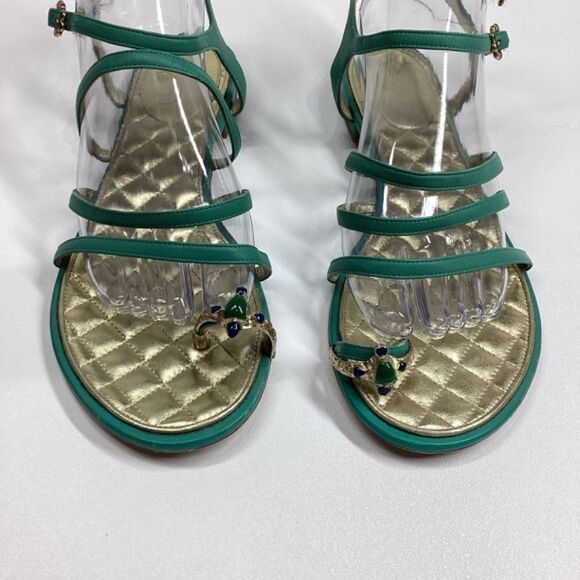 CHANEL Interlocking CC Logo Leather Gladiator Sandals Green Size EU 39.5 8.5US - Picture 5 of 17